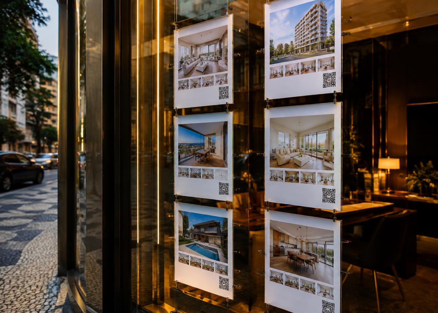 Vitrine de imobiliária com fichas de imóveis impressas